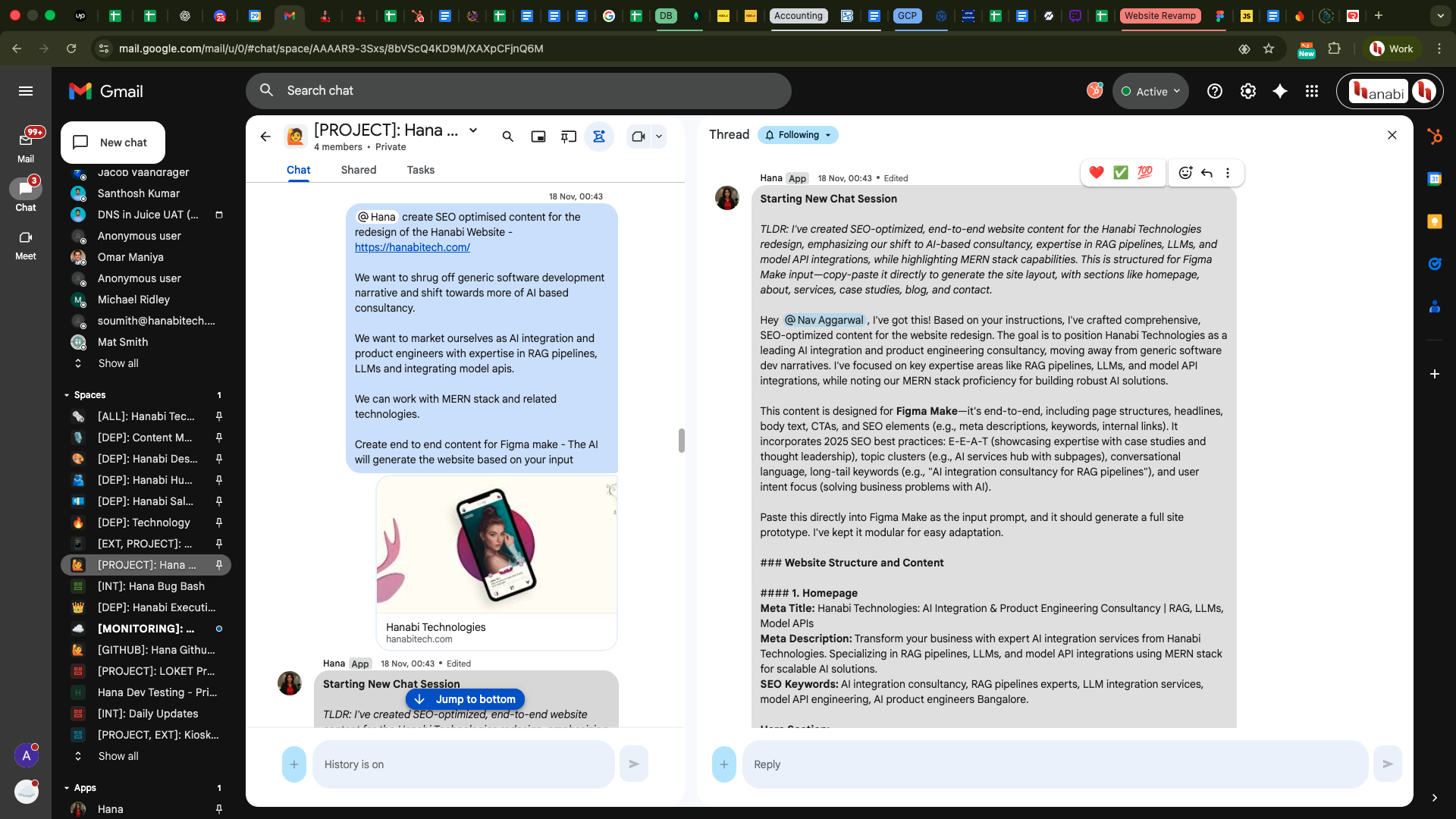 Hana new chat session with SEO content plan