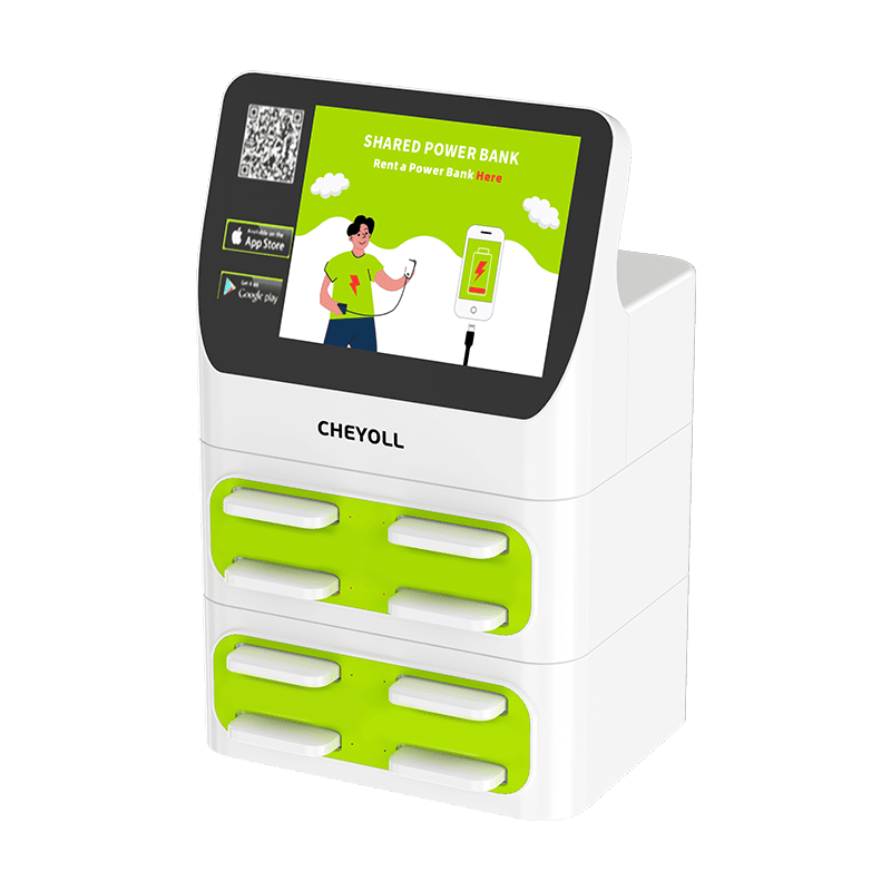 Power bank kiosk rental platform mockup showing the kiosk interface and station locator flow